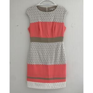 Sandra Darren Dress 6 Sheath Peach Khaki Crochet Lace Striped Sleeveless Career